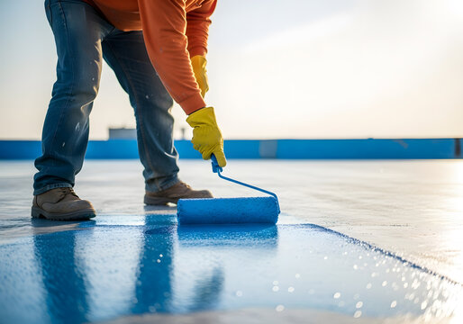 Professional worker applying blue liquid roof waterproofing membrane coating | Installing highly reflective waterproof deck paint using a large roller | Contractor sealing flat rooftop 