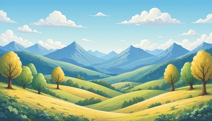 Bright Summer Mountain Valley Cartoon Landscape