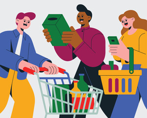 Diverse young consumers collaborating on grocery shopping, checking product inventory, and managing their purchasing checklist using a smartphone app in a busy supermarket setting, a flat vector illus