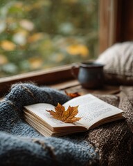 Fototapeta premium Fall Gratitude Journal A cozy scene featuring an open book, autumn leaves, and a warm beverage by a window.