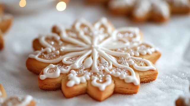 Intricately Decorated Gingerbread Snowflake Cookie for Christmas.