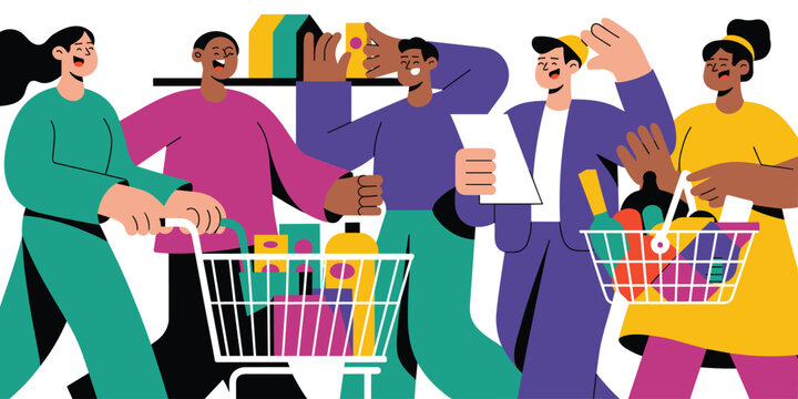 Diverse, cheerful group of five friends collaborating while grocery shopping in a bright retail environment, checking a paper list and pushing a full cart, depicted in a modern, vibrant flat illustrat