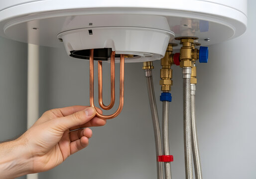 Replacing broken copper heating element in electric water heater | Professional plumber installing new boiler immersion heater element | Repairing domestic hot water tank heating coil maintenance