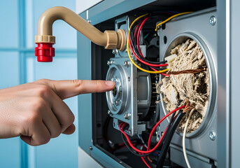 Fototapeta premium Troubleshooting residential water heater pump motor problems | Hand pointing at dirty internal boiler component during service | Complex HVAC wiring and pump maintenance close-up inspection 