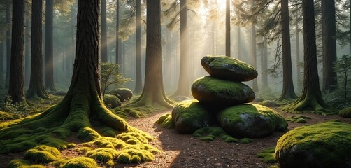 Ancient forest path with sun rays piercing dense tree canopy. Moss covered rocks and massive tree roots create mystical woodland scenery. Tall pine trees stand silently in verdant green nature.