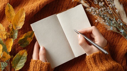 Fall Gratitude Journal A person writes in a blank notebook surrounded by autumn leaves and dried flowers.