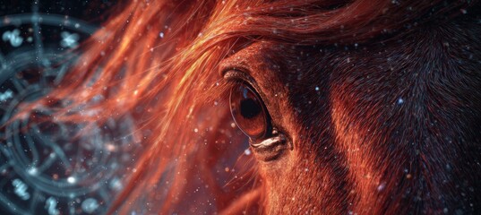 Macro Fantasy of Red Horse Mane with Cosmic Zodiac Symbols Background