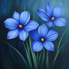 Three beautifully painted blue flowers blossom among slender green stems on a dark background