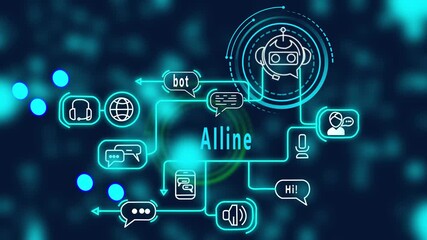 Alline, futuristic AI interface animation with neon communication paths, smart chatbot icons, digital network flow, modern tech diagram for advanced projects - Powered by Adobe