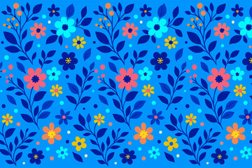 Seamless Blue Floral Pattern Featuring Small Red And Yellow Wildflowers Design
