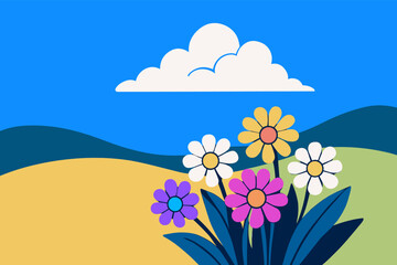 Sunny Summer Landscape With Colorful Daisies And Rolling Hills Nature Scenery
