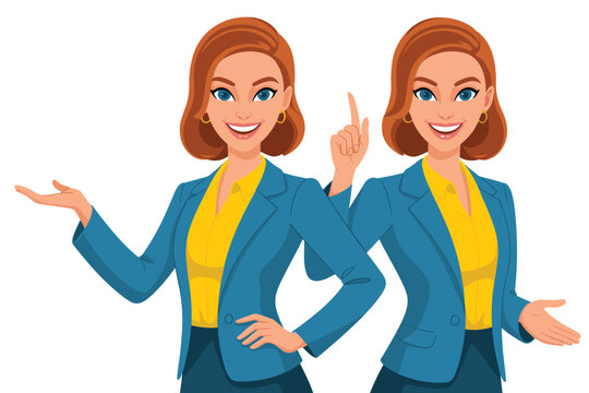 Confident professional businesswoman cartoon vector illustration presenting a solution, offering guidance and strategy advice with positive energy; expert financial executive explaining new concepts f