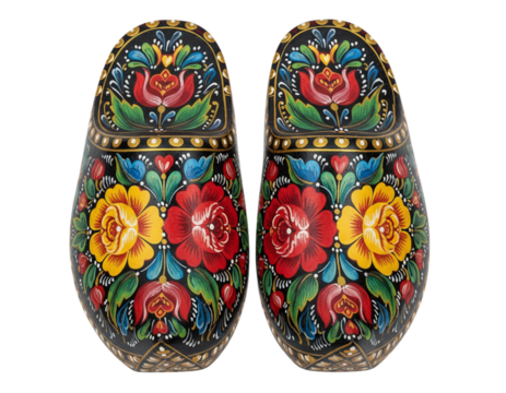 Hand-Painted Decorative Wooden Shoes with Floral Art, Transparent PNG