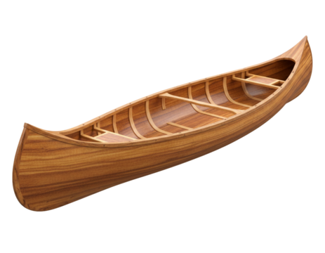 Traditional Wooden Canoe with Natural Wood Grain, Isolated on Transparent Background