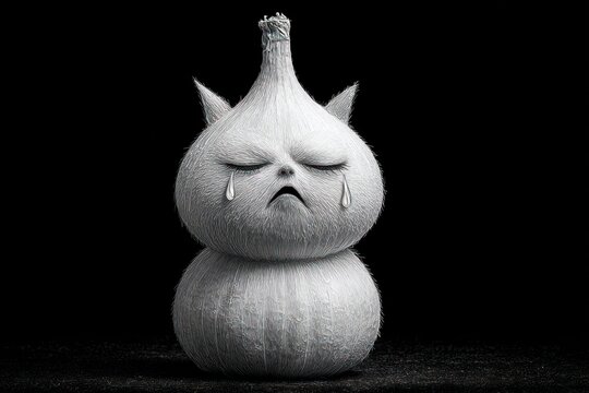 A grayscale image of a stylized, anthropomorphic garlic bulb, weeping tears, presented against a dark background