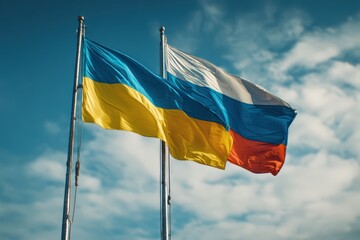 Ukrainian and Russian Flags Fluttering Together in Sunlit Sky