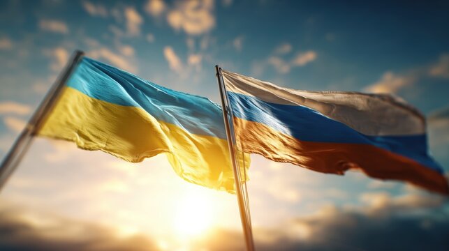 Ukrainian and Russian Flags Against Dramatic Sky in Cinematic Composition - Powered by Adobe