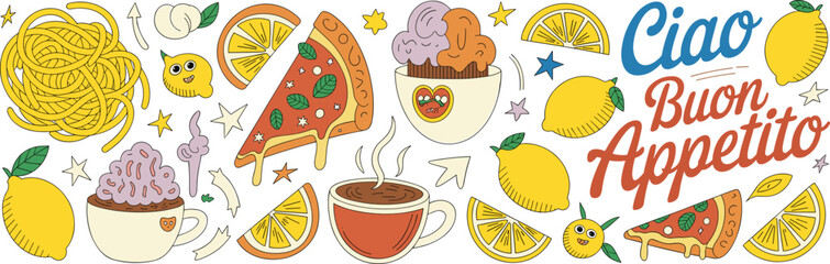 Playful retro 70s vector illustration banner featuring popular Italian food items like melted pizza, spaghetti, coffee, gelato, and fresh lemons surrounding the phrase “Ciao Buon Appetito,” a vibrant