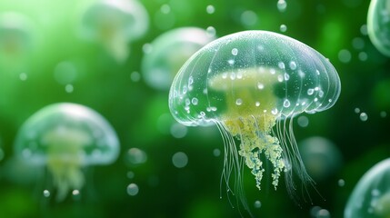 A serene underwater scene featuring luminous jellyfish floating gracefully in a vibrant green background. This image showcases the beauty of marine life.