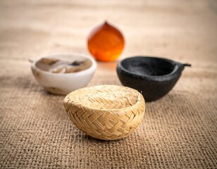 Aesthetic arrangement of diverse handcrafted miniature bowls on rustic burlap surface evoking