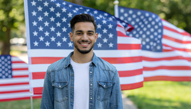 Young man smiling in front of multiple American flags at outdoor celebration, casual denim jacket and white shirt conveying pride and cheerful patriotic atmosphere