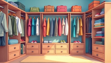 Spacious modern walk-in closet with many shelves, drawers for storage. Clothes, shirts, bags, suitcases, shoes neatly organized. Colorful apparel hangs on racks. Large wardrobe stores lot of fashion