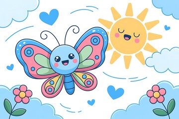 Cute cartoon butterfly flying with a smiling sun and clouds
