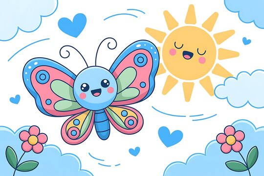 Cute cartoon butterfly flying with a smiling sun and clouds