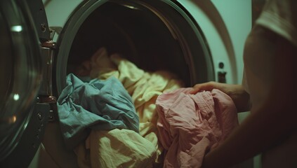 Young woman looking into a washing machine at home, symbolizing daily routine, household chores, laundry care, modern lifestyle, focus, responsibility, and everyday domestic life.