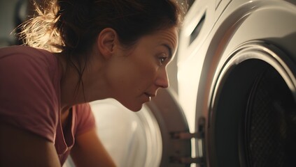 Young woman looking into a washing machine at home, symbolizing daily routine, household chores, laundry care, modern lifestyle, focus, responsibility, and everyday domestic life.