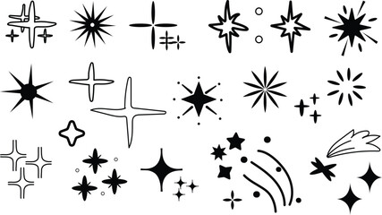 Stars, big set. Crayon hand drawn twinkle magic symbols. Shine, spark or light chalk elements. Line sketch and silhouettes sparkle icons. Doodle black glitter sparks. Vector illustration