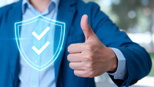 Security protection guarantee safety trust assurance business technology digital confident concept with person showing thumbs up and glowing shield icon. Cyber privacy encryption