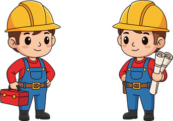 Cartoon construction workers, yellow hard hats, red shirts, blue overalls, toolbox, blueprint, teamwork, engineering, labor, safety, occupation, character design,
