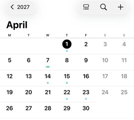 Calendar April 2027: A digital calendar display showing the month of April in the year 2027. Highlighted dates suggest scheduled events or important reminders.