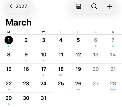 Calendar's March Schedule: A detailed, month view of the 2027 March calendar highlighting dates for scheduling. Emphasizing the structure, arrangement, and anticipation.