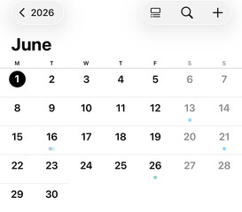 June 2026 Calendar: An up-close view of a digital calendar, with the month of June in the year 2026 prominently displayed.