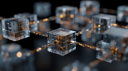 Abstraktes Blockchain-Netzwerk mit goldenen und grauen 3D-Würfeln
