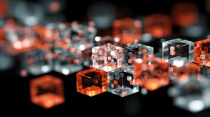 Abstraktes Blockchain-Netzwerk mit goldenen und grauen 3D-Würfeln
