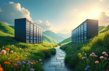 Photo of a futuristic data center standing amidst a lush green landscape and blooming flowers. Server rooms in a natural environment concept. Tech infrastructure in nature eco friendly.