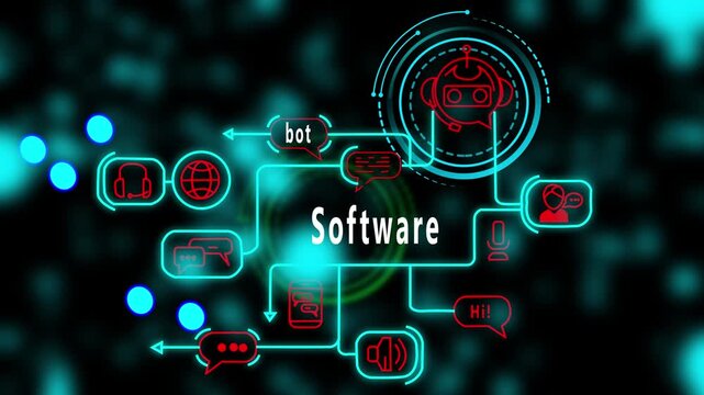 Software,  futuristic AI interface animation with neon communication paths, smart chatbot icons, digital network flow, modern tech diagram for advanced projects
