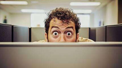 Discovering unexpected moments: a man's surprised look over his cubicle.