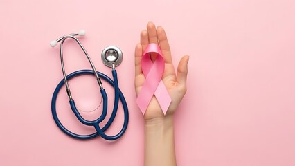 Breast cancer awareness stethoscope and pink ribbon on pink background
