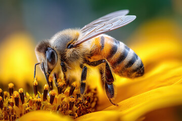 Closeup of a honeybee pollinating a bright yellow sunflower