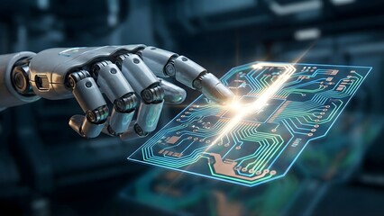 A robotic finger is touching a transparent, glowing circuit board, symbolizing AI interaction with hardware design, computing, and futuristic technology.