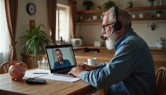 Mature man wears wireless headset, types on laptop in home kitchen. He conducts video call, talks to person online for work. Remote meeting, business chat, virtual consultation from home dining table.