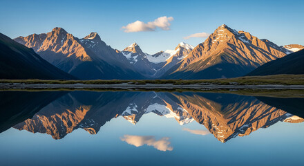 Majestic Mountain Peaks Mirrored in a Calm Alpine Lake.
A stunning panoramic landscape photograph capturing the breathtaking view of a majestic mountain range under a clear blue sky