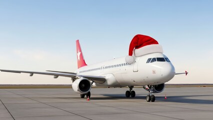 Fototapeta premium A large commercial airplane is humorously decorated with a giant Santa hat placed over its cockpit.