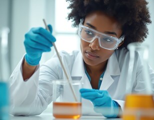Young African american woman scientist in lab coat and goggles stirs liquid in beaker. Female researcher works with chemicals, studies samples for medical discovery.