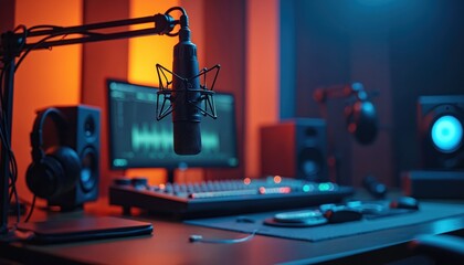 Pro podcast studio setup with boom arm microphone, headphones, monitor. Audio waveforms display on computer screen. Mixing console, speakers on desk. Modern tech space ready for live stream,