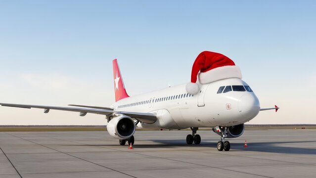 A large commercial airplane is humorously decorated with a giant Santa hat placed over its cockpit.